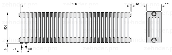 Схема (чертеж) Радиатор Zehnder Charleston 5050/28 №3370 Белый глянцевый RAL 9016